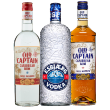 Old Captain rum wit
of bruin fles à 700 ml
of Esbjaerg vodka fles à 1000 ml